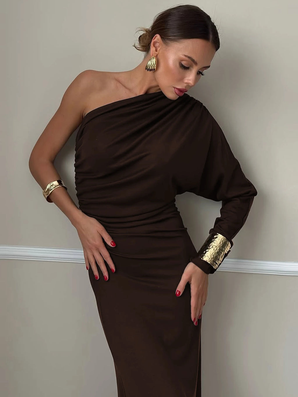 Dulzura One-Shoulder Long Sleeve Slim Fit Ruched Long Dress Women'S Solid Sexy Elegant Clothes Evening Party Club Autumn Clothes