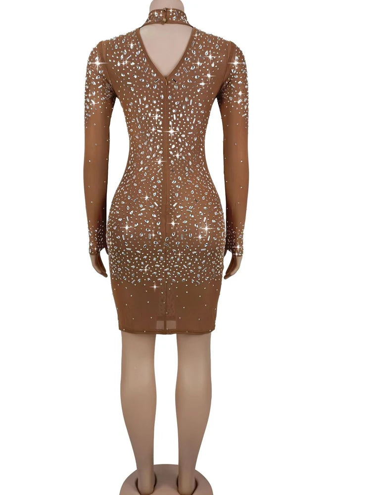 Beyprern Elegant Crystal See Through Mesh Party Dresses Women Glamour Long Sleeve Rhinestone Night Out Vestido Christmas Outfits