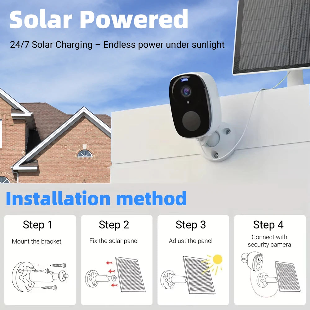 2K 5MP Solar Security Camera Wireless Outdoor Color Night Vision Battery Powered Support 2.4G WiFi, PIR, Waterproof, 2-Way Alexa