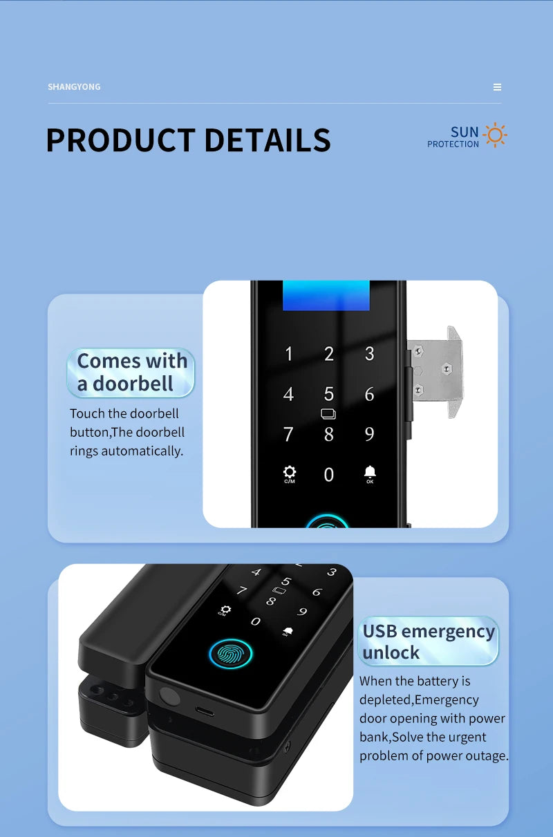 WIFI 3D Face Smart Lock for Glass Door with Camera Fingerprint Face Recognize Card Password Biometric Key App Unlock