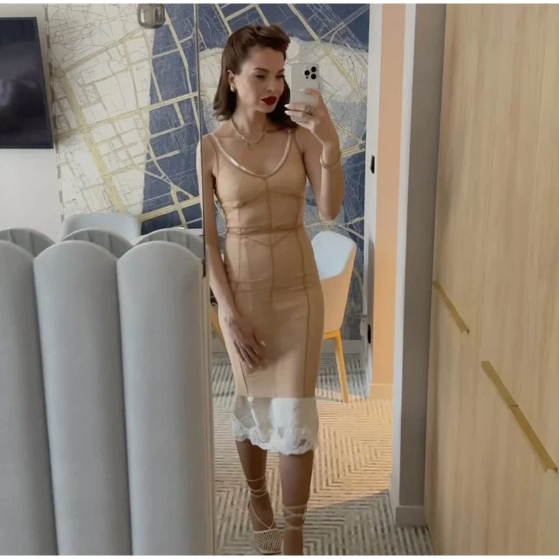 Sexy Sheer Mesh Overlay Midi Dress Women Sleeveless Sleeveless Spaghetti Strap Slim Dresses 2026 Lady Trendy Party Club Robe