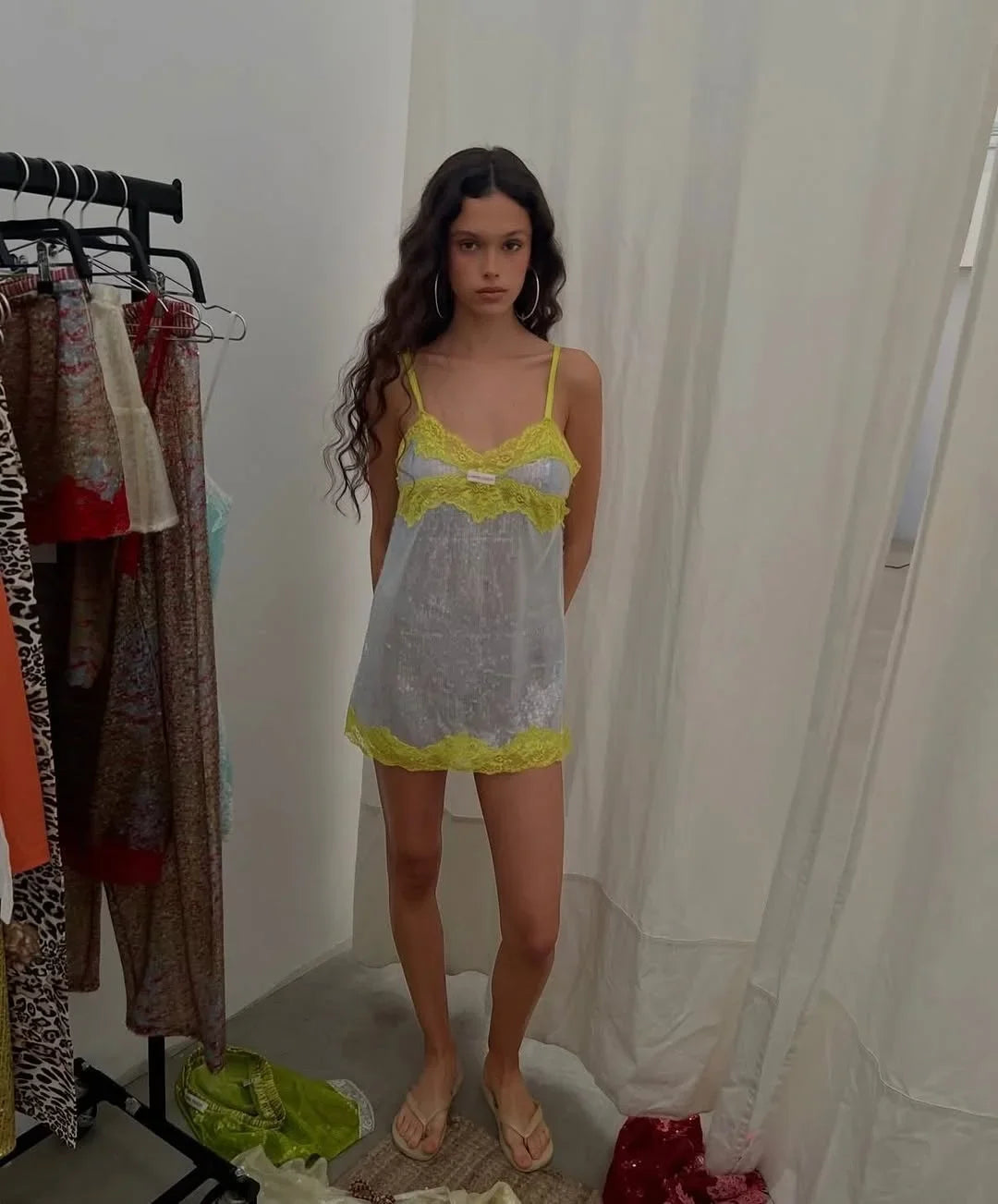 Sexy Sequin Lace Trim Patchwork Short Dress Women V-neck Sleeveless High Waist Mini Sling Dresses 2026 Summer Vacation Lady Robe