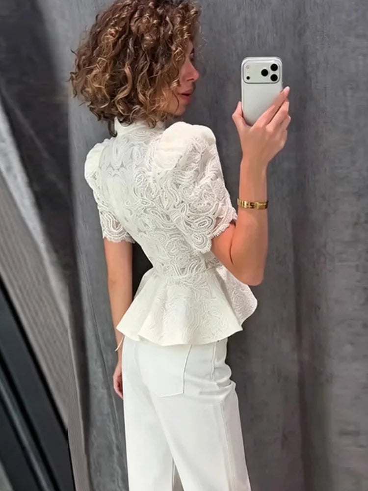 Lace Cutout Peplum Jacket Stand Collar Puff Sleeve Button Front Waist Cinched 2026 Summer Autumn Fashion Women Elegant Top