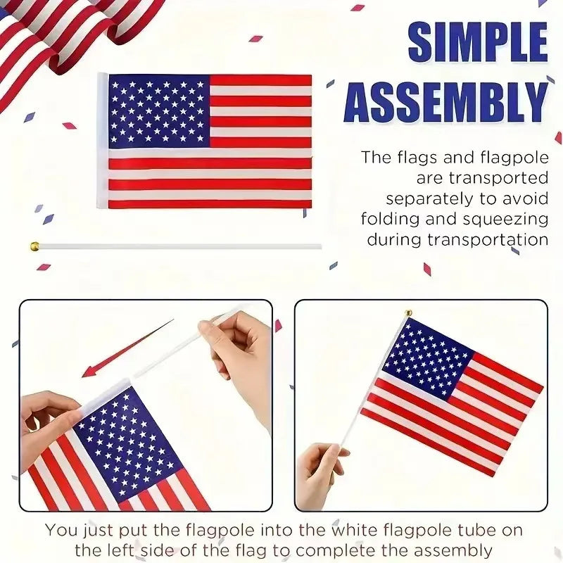 10PCS USA Stick Flag,American US 14x21cm HandHeld Mini ensign Pole United States Stick Flag Vivid Color Fade Resistant banner