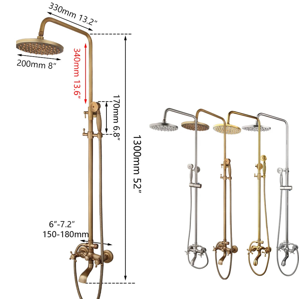 ZAPPO Antique Shower Set Wall Bathroom Bath Shower Faucet Rainfall Brass Shower System with Swivel Spout Mixer Tap Sliding Bar