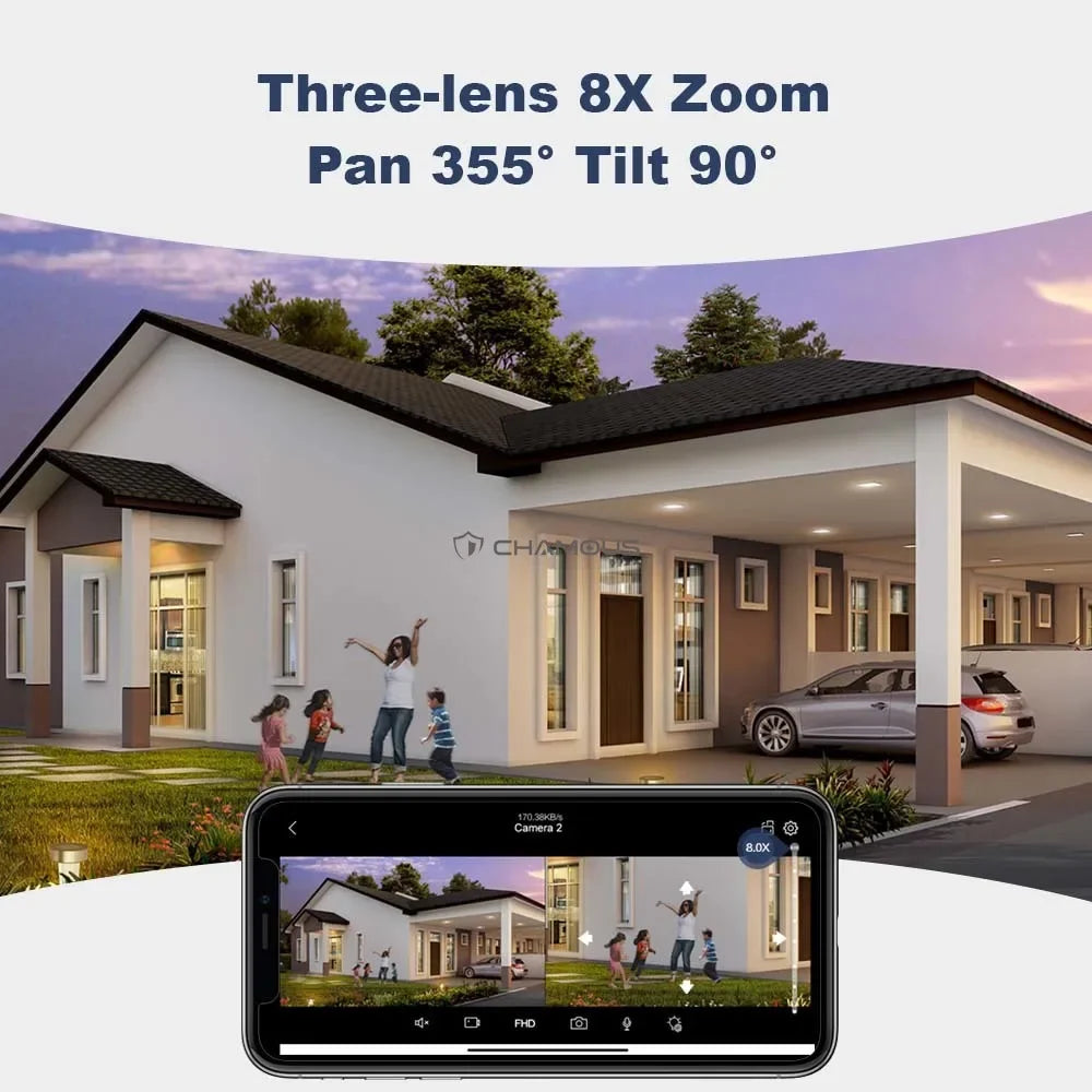 WiFi Surveillance Camera Four Lens Four Screen 8K 16MP IP Camera 8X Optical Zoom Auto Tracking CCTV Alexa ICsee New Security Cam