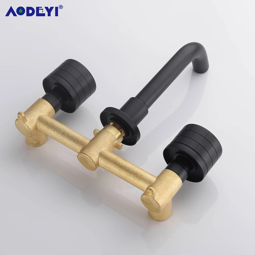Black Bathroom Faucet Brass Double Lever Wall Mounted Sink Faucets Hot Cold Water Polished Taps Basin Mixer Brushed Gold Tap Set