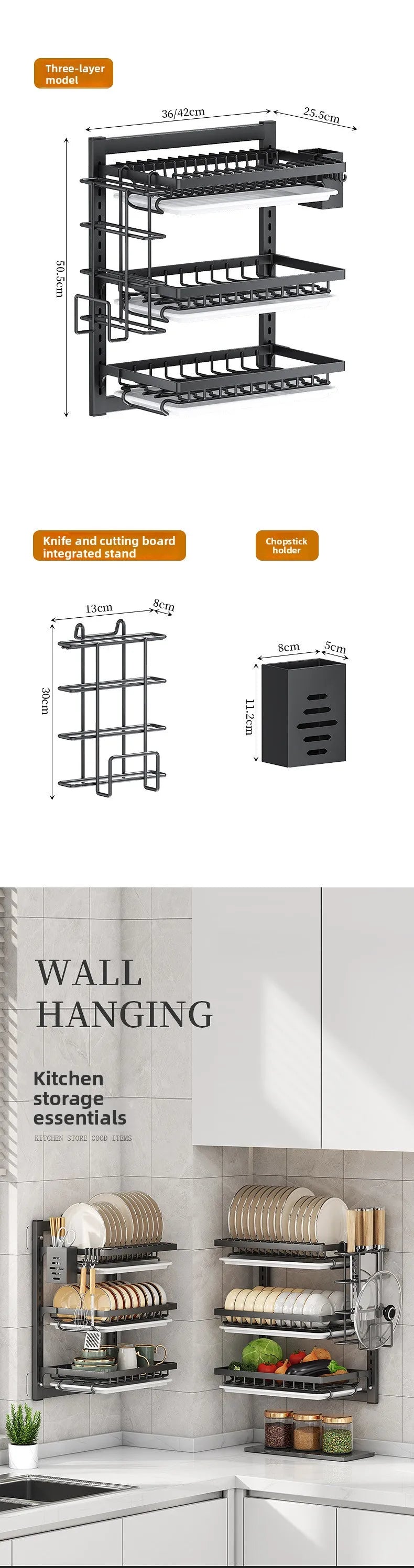 Wall Mounted Kitchen Organizer Rack - No-Drill Storage Shelf for Bowls, Plates, Spices with Dish Drying Function