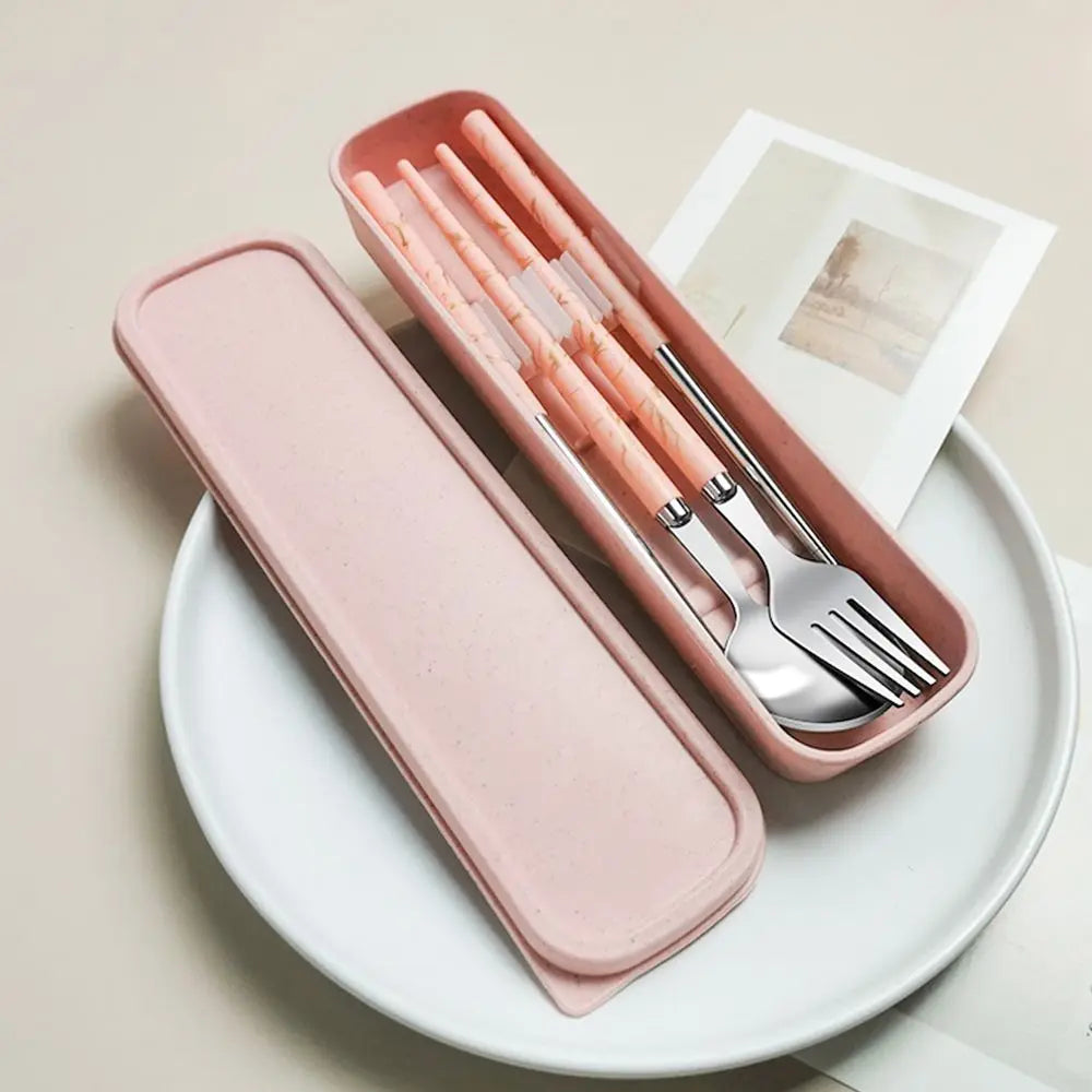 Kitchen Accessories Reusable With Box Tableware Portable Stainless Steel Spoon Fork Chopsticks Set Dinnerware Cutlery Set