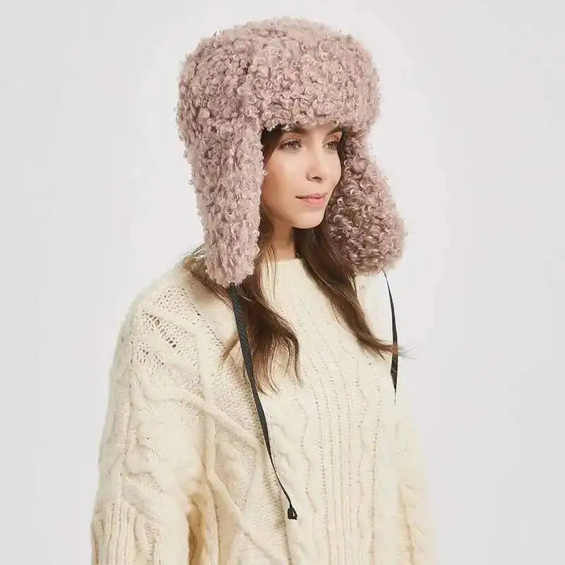 Winter Warm Bomber Hat Women Lamb Wool Faux Fur Hats Outdoor Thicken Earflap Caps Autumn Winter Ear Protect Ski Hat