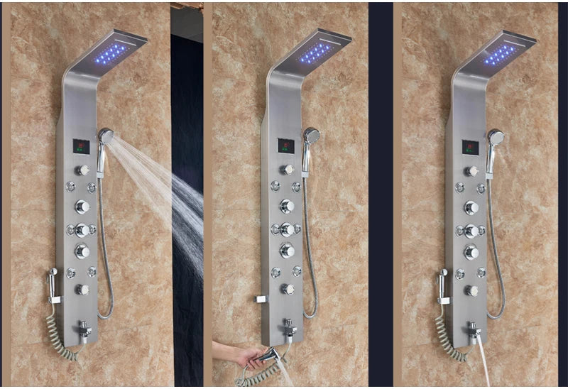 LED Light Bathroom Shower Panel Intelligent LCD Shower Column System with 6 Modes Rain Waterfall Massage Jet Bath Mixer Tap