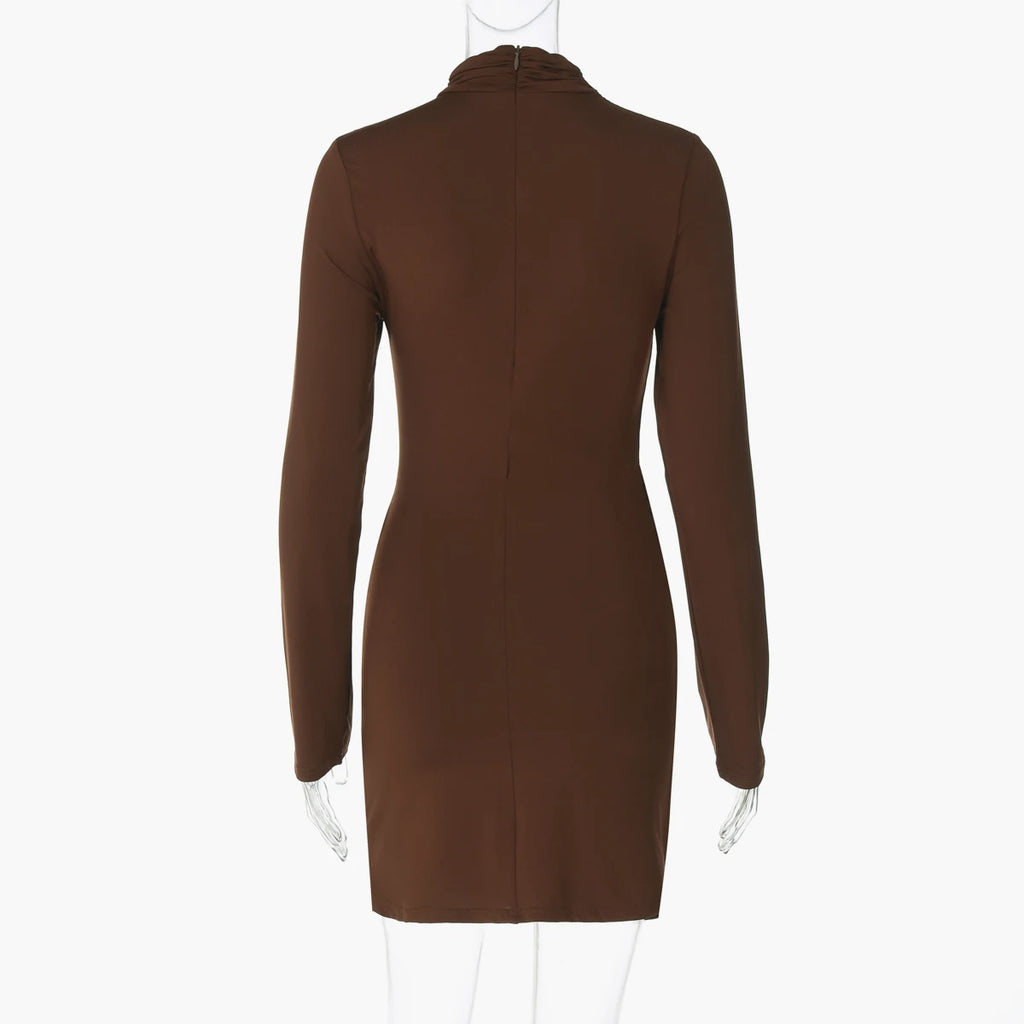 Hugcitar Women Elegant Turleneck Long Sleeve Ruched Sexy Bodycon Mini Dress Autumn Women Clothes Streetwear Party Festival