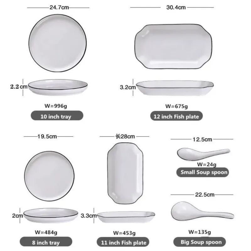 White With Black Dinner Plate Set Ceramic Serving Tray Food Dishes Rice Salad Noodles Bowl Soup Kitchen Dinnerware