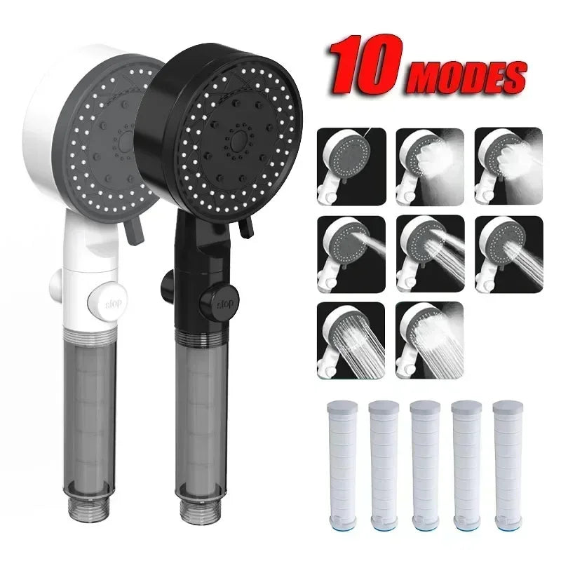Bathing Showerhead Filtered Purify Water Filter One-Key on OFF Massage 10 Spray Modes High Pressure Shower Head Bath Accessory