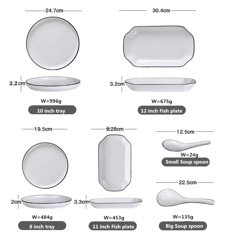 Black Rim White Ceramic Dinner Tray, Kitchen Plate, Tableware, Food Dishes, Soup Bowl,  Kitchen Cook Tool, 1 Piece Sale
