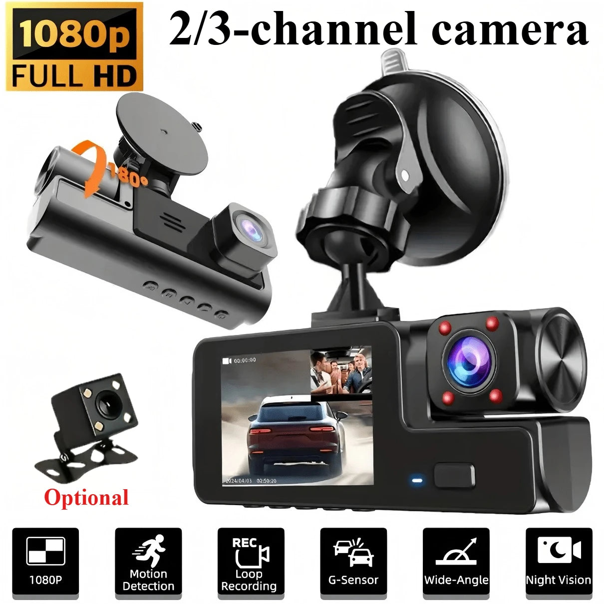 Three-Camera Dash Cam (Front/Interior/Rear), 1080p In-Car Camera, with Parking Mode, Universal Fit