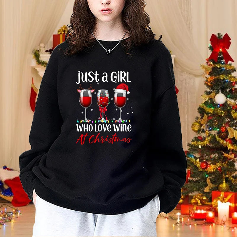 Autumn Winter Fashion Christmas Red Wine Glasses Woman Round Neck Pullover Christmas Casual Loose Sweater Red Wine Glasses Top
