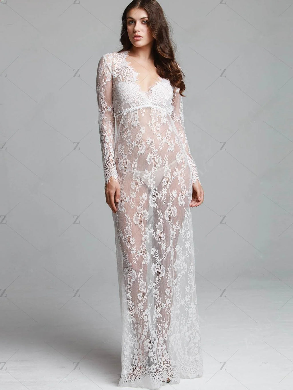 Fashionable Sexy Deep Collar Long Sleeve Lace See-through Bodycon Gown Trendy Women's Dress Elegant Draped Evening Dress