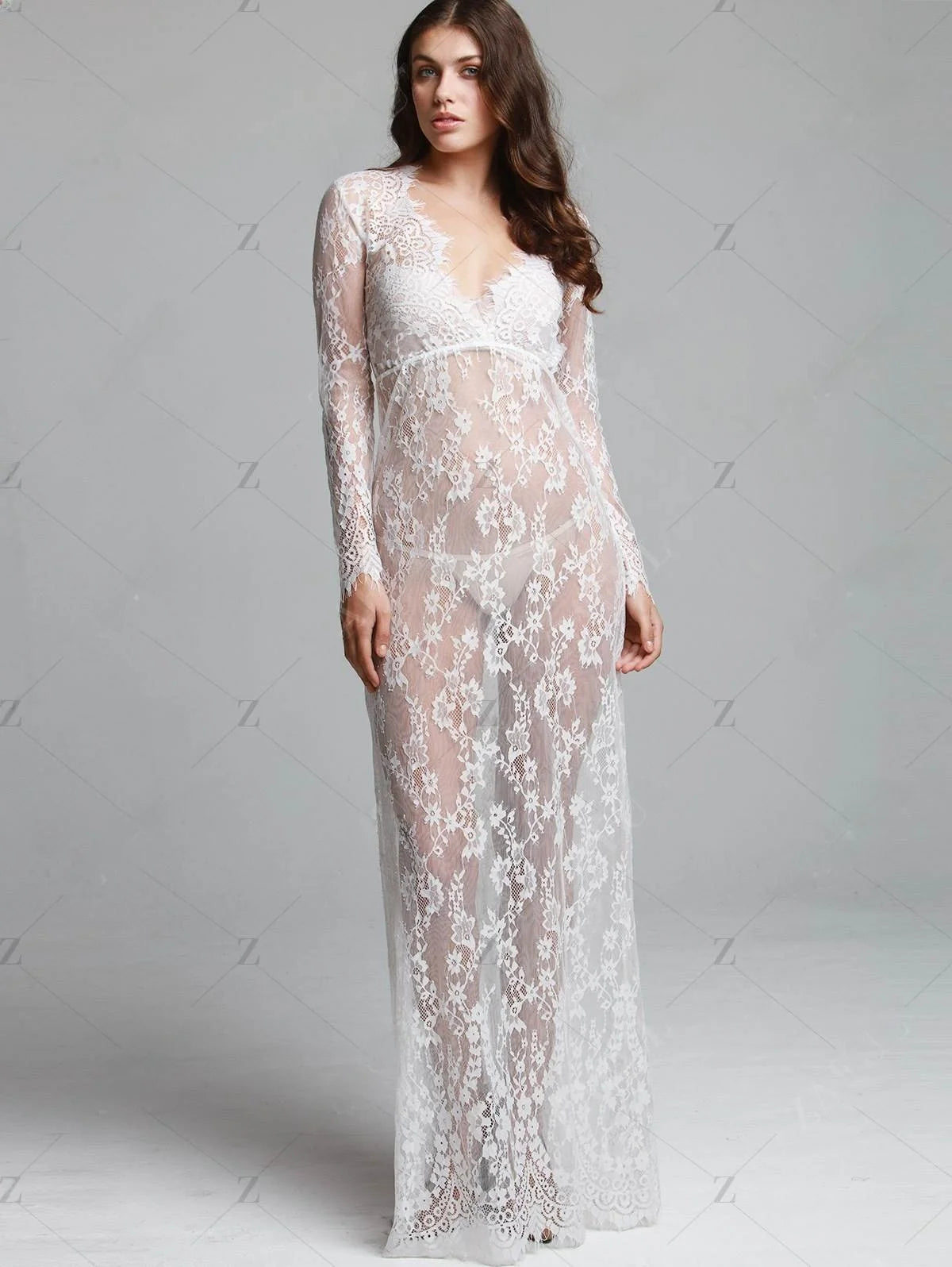 Fashionable Sexy Deep Collar Long Sleeve Lace See-through Bodycon Gown Trendy Women's Dress Elegant Draped Evening Dress