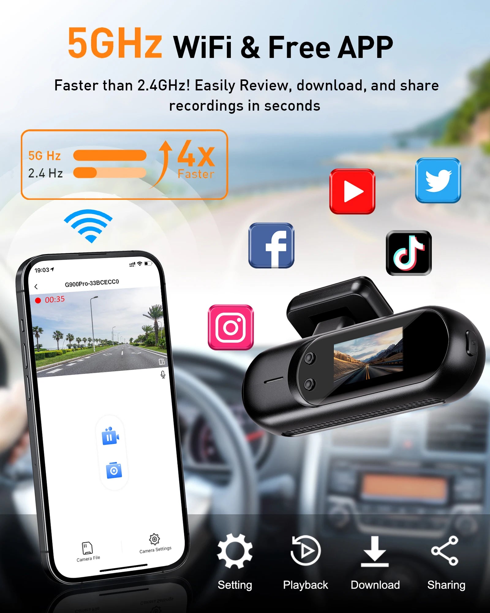 Dash Cam for Cars 4K UHD Recording Front Rear Car Camera HDR Night Vision Recorder Built in Wi-Fi 24H Parking Mode APP Monitor