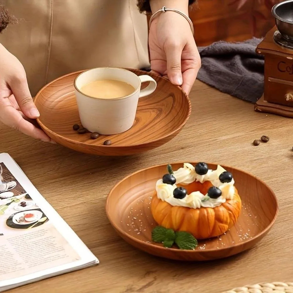 Kitchen Accessories Plastic Wood-Grain Round Tray Imitation Wood Multi-Purpose Tea Tray Dinner Plates Tea Coffee