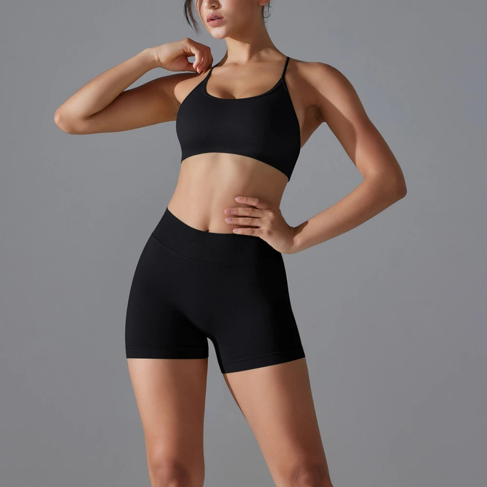 Women's Seamless Solid Color Cross Back High Elasticity Tight and Sexy Sports Bra Yoga Suit Set, Running and Fitness Two Pieces