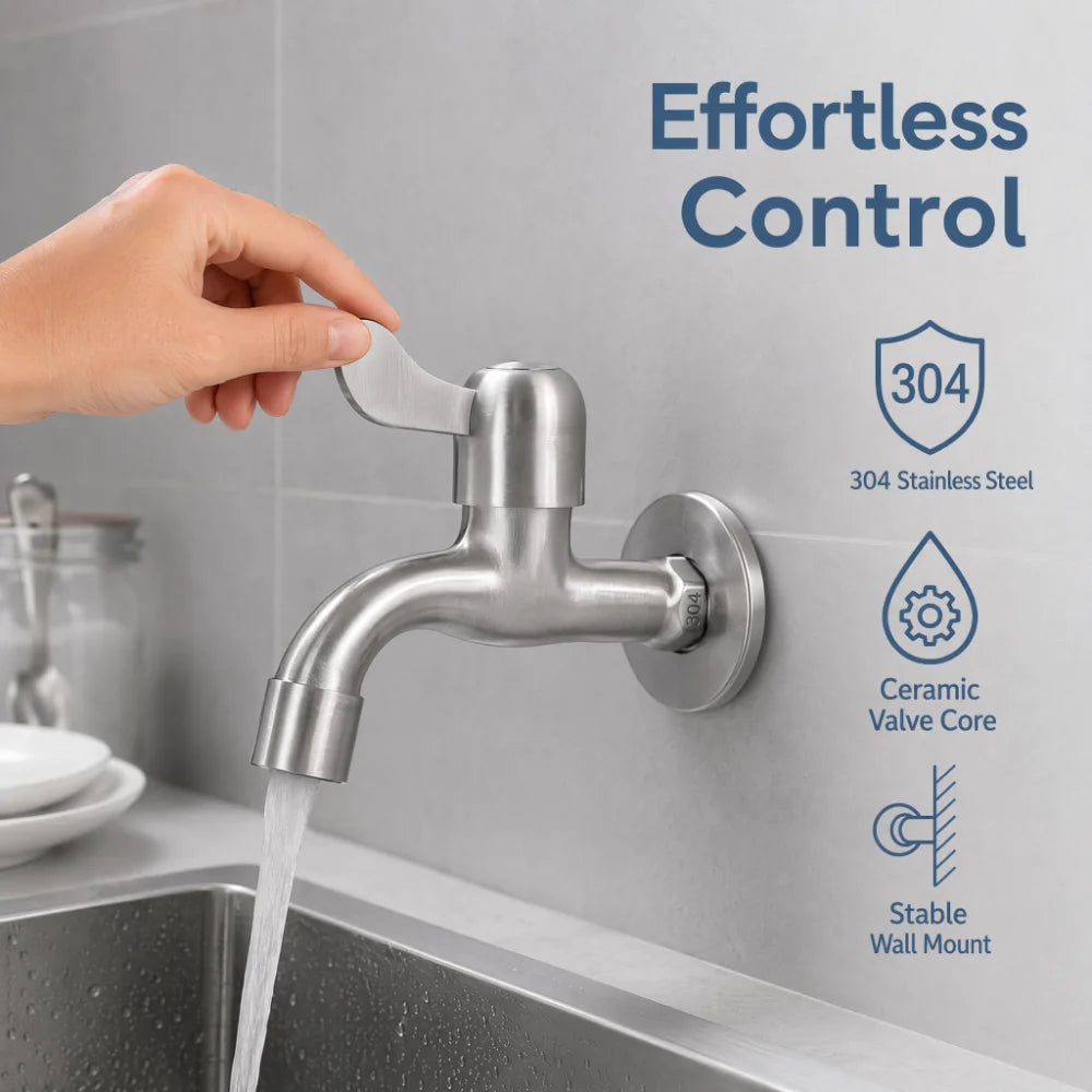 304 Stainless Steel Faucet G1/2 Inch Thread Single Lever Faucet Tap with Bubbler and Valve Wall Mounted Water Tap Garden