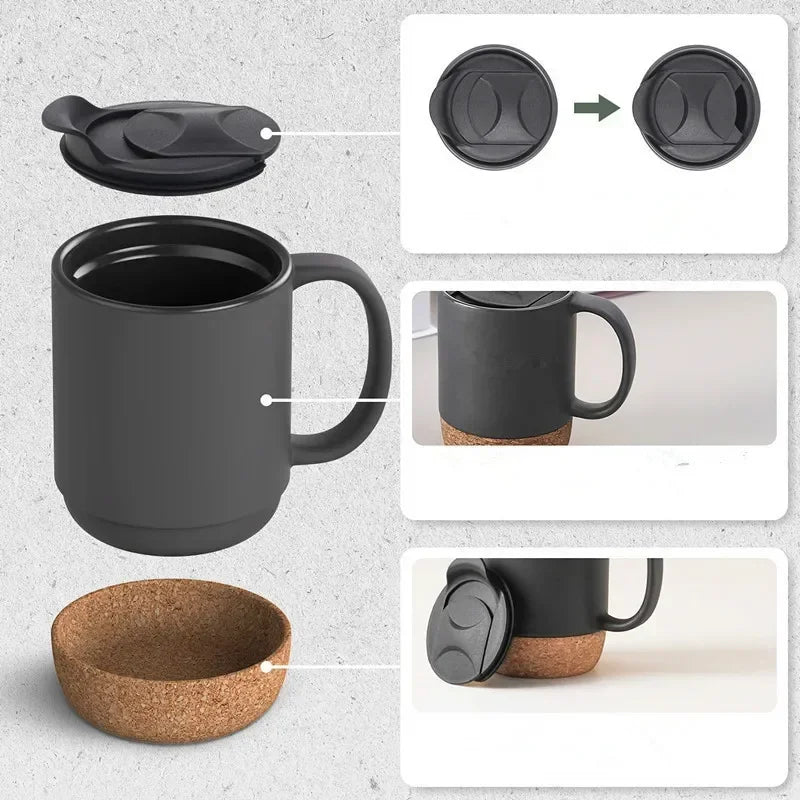 Simplicity Ceramic Cork Bottom Coffee Mug with Lid Splash Proof Heat-resistant Matte Plain White Black Cork Base Bottom Tea Cup