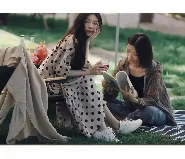 Fashion Retro Cotton and Linen Polka Dot Dress for Women Loose Slim Puff Sleeve Linen Doll Skirt