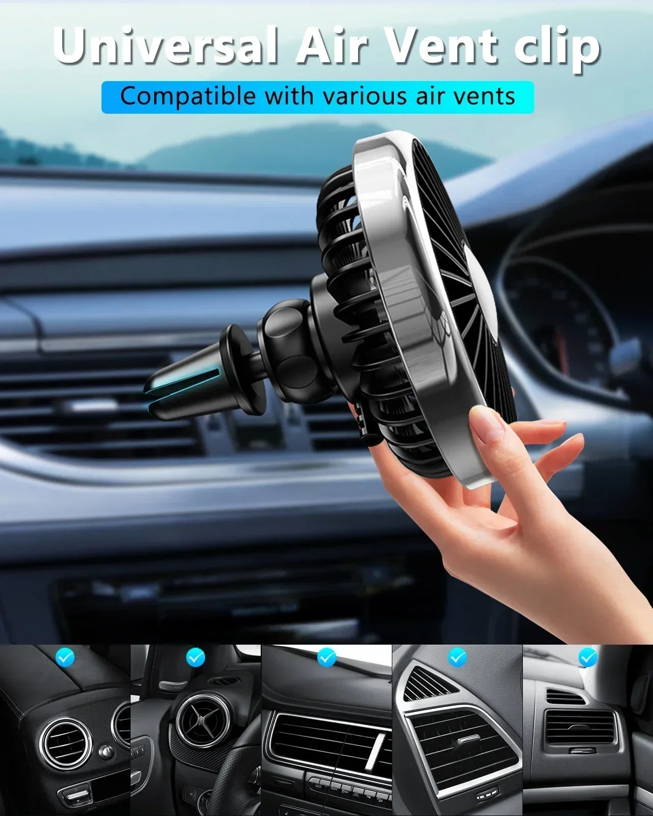 Car Air Vent Fan with Colorful Breathing Light USB Powered 3 Speed Wind Cooling Fan 360° Rotatable Quiet Fan Car AC Fans