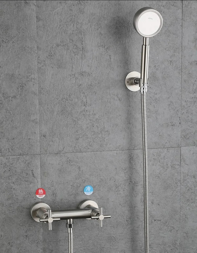 Wall-Mounted Shower Faucet Stainless Steel Bathtub Faucet Cross Handles Dual Control Hot And Cold Water Valve Nozzle Tap G1/2in