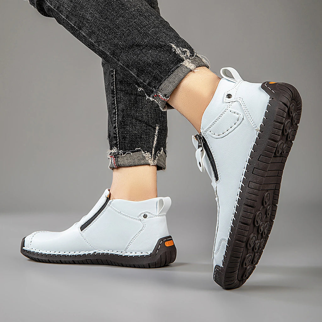 Handmade Leather Casual Shoes for Men Sneakers Men Flat Footwear Zipper Leather Boots Men Ankle Outdoor Walking Plus Size 39-48
