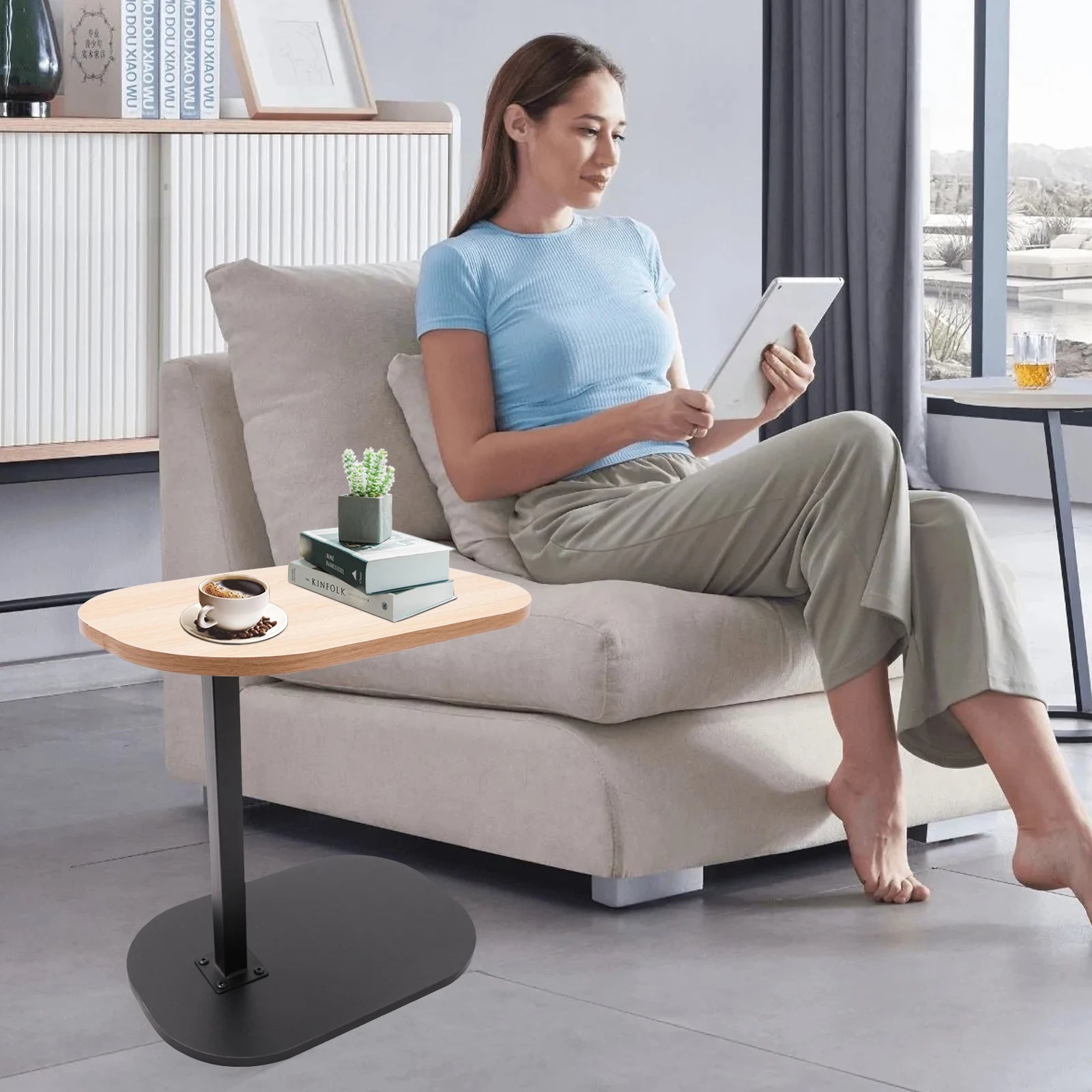 C Shaped Side Table Adjustable Height Compact Coffee Table 360 Rotatable Desktop Surface Modern Light Luxury Style