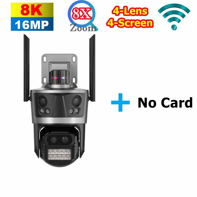 WiFi Surveillance Camera Four Lens Four Screen 8K 16MP IP Camera 8X Optical Zoom Auto Tracking CCTV Alexa ICsee New Security Cam