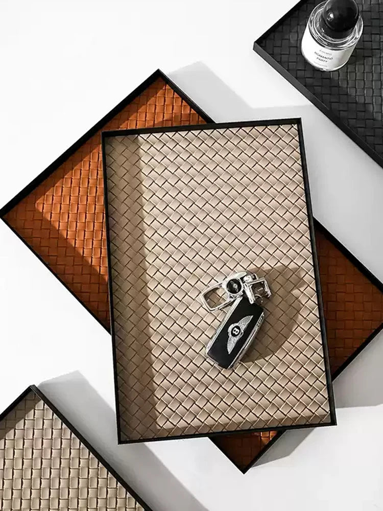 AhunderJiaz Modern Light Luxury Jewelry Entryway Storage Tray Black Leather Aroma Trays Home Storage Decoration & Organization