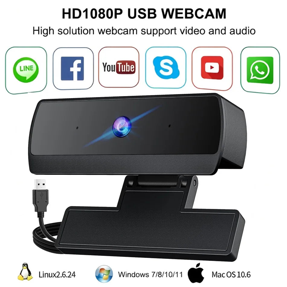 Full HD Webcam with Built-in Microphone and Rotatable Tripod, 1080P Video and Wide Angle Camera, Privacy Cover, for Desktop PC
