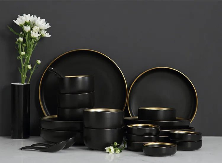 For1/ 4/6/8 Personal Black Porcelain Dinner Plates Set Ceramic Tableware Food Dishes Rice Salad Noodles Bowl Wiht Cutlery Set