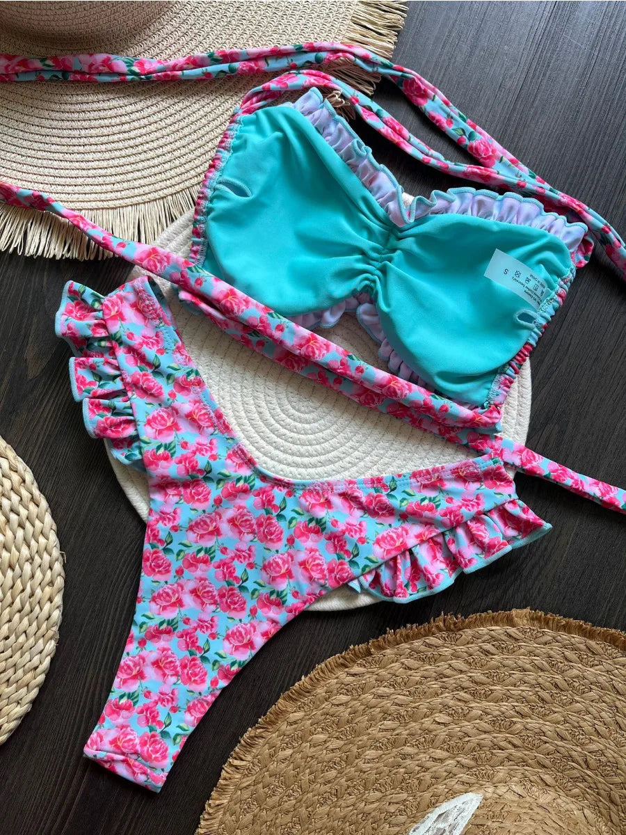 Bikini Set Women's Ruffle Flower Print Sexy 2 Pieces Swimsuit Triangle Strapless Backless Thong Beach Bathing Suit 2025 New
