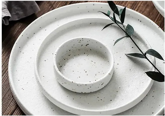 Japanese-style Tableware Set Bowls and Plates Round White Ink Point Dinner Plates Home Creative Western Dishes Dinner Plates