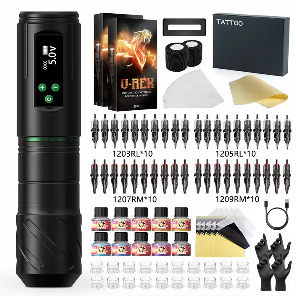 Kiss of Dragon Tattoo Kit Wireless Tattoo Machine Pen Kit 3.5mm Stroke Custom Motor 1600mAh LCD Screen Battery Complete Kit