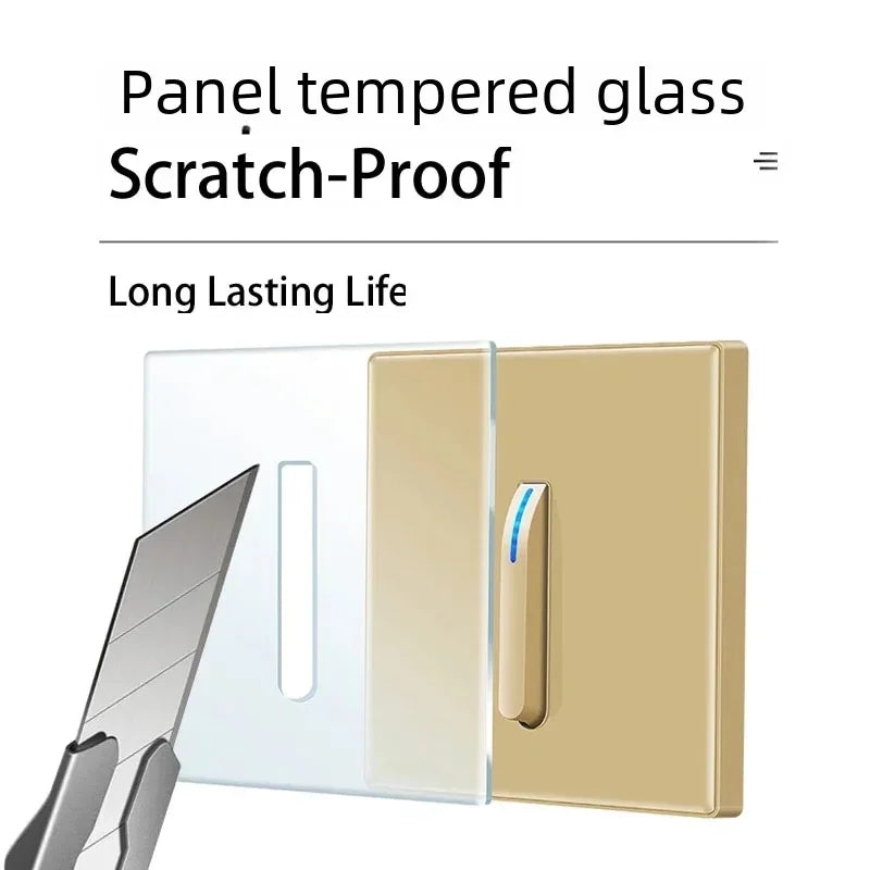 Wall Light Switch 1/2/3/4 Gang LED Indicator Piano Button, White Black Gray Gold Tempered Glass Panel Wallpad L6, 86*86mm
