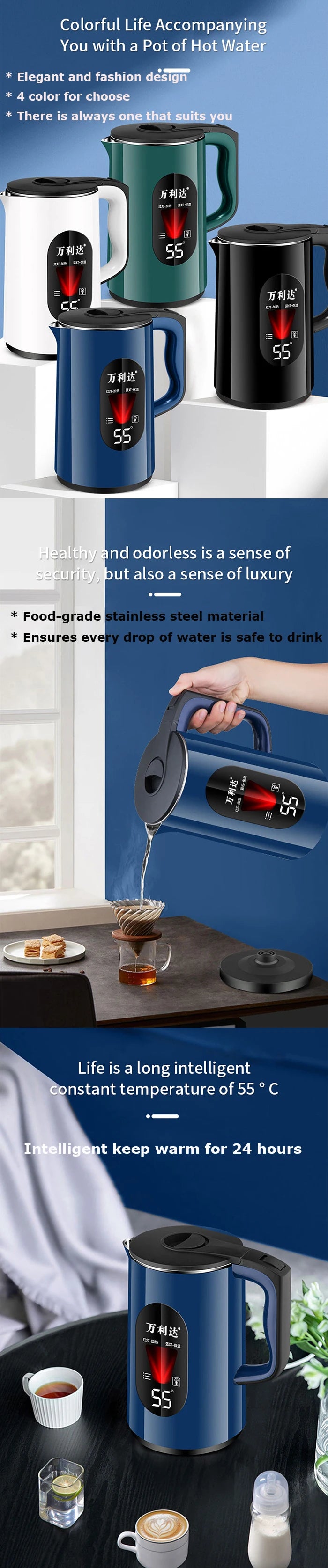 3L Stainless Steel Electric Kettle LED Temperature Display Automatic Power-Off Constant Temperature Smart Household Hotels