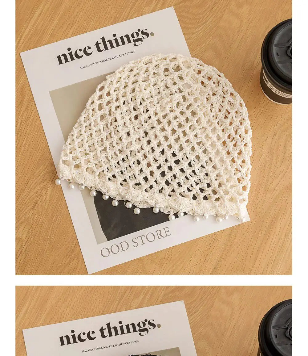 Fashion Hollowed Out Woven Pullover Hats Crochet Breathable Beret Cap Pearl Fringed Retro Beanies Cap for Women Summer Korean