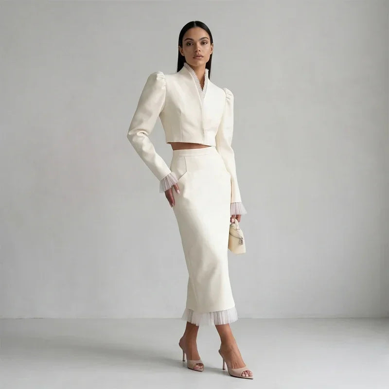 White Women's mesh two piece set Puff Sleeve V Neck blazer two piece dress set Daily Commuter Party  Outfit 2026 Summer Style