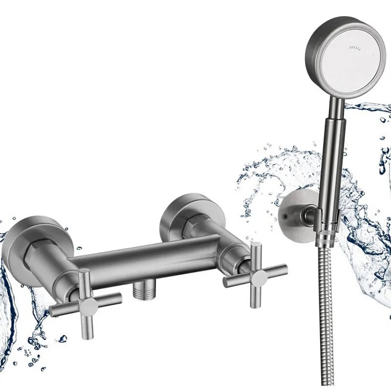 Wall-Mounted Shower Faucet Stainless Steel Bathtub Faucet Cross Handles Dual Control Hot And Cold Water Valve Nozzle Tap G1/2in