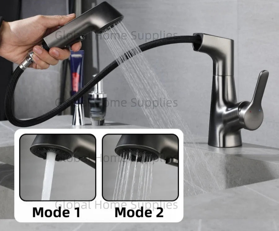 Bathroom Pull Out & Lift Basin Faucet Hot & Cold Water 360° Rotatable Lift Up and Down Single Handel Single Hole Water Mixer Tap