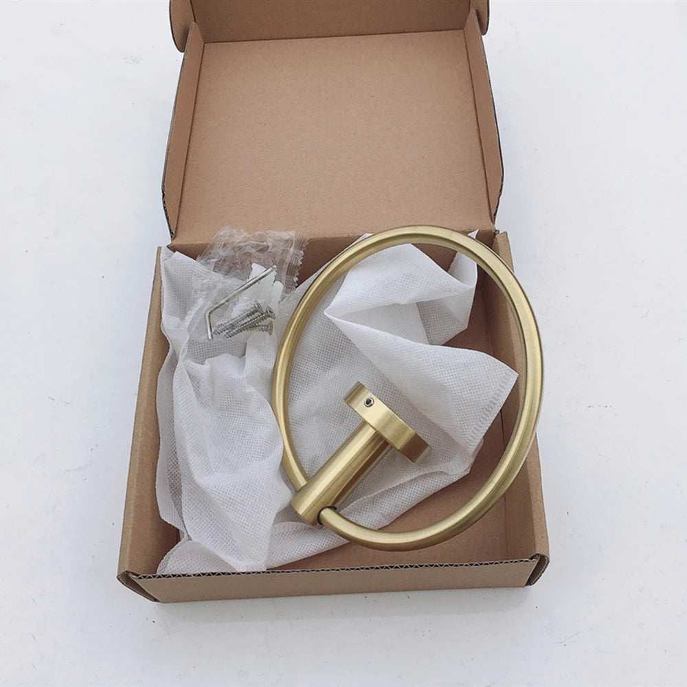Black/Brushed Gold Stainless Steel Towel Ring Wall Hanging Round Towel Holder with Drill Hole Bathroom Storage Rack Accessory