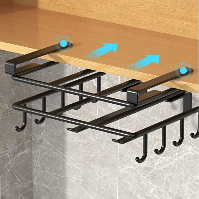 Kitchen Under Cabinet Hanging Organizer Rack with Hooks Multi Purpose Holder for Paper Towel Cutting Board Pot Lids