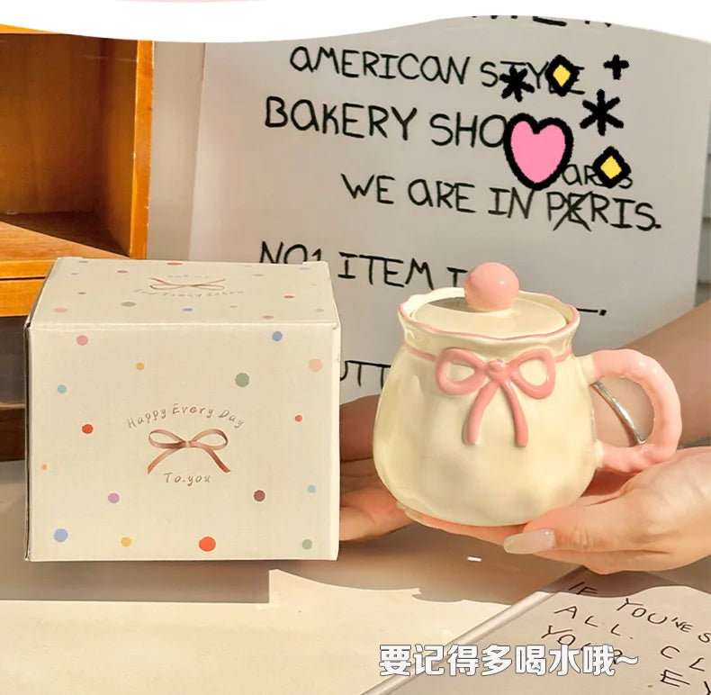 Ceramic Mug with Gift Box, Hand Painted Underglaze Bow, Birthday Gift Souvenir for Her, Cute Present, Coffee Cup, Ladies Gift