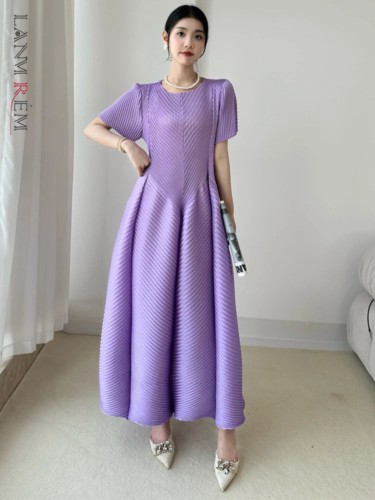 LANMREM High End Purple Pleated Women's Dress 2025 New Round Neck Short Sleeved Spliced Design Ball Gown Summer Dresses 2DB3489